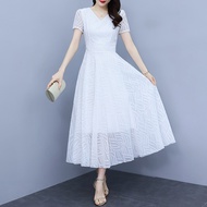 LKK Gaun Putih Korea Baru/Pendek -Sleeved V -Neck Chiffon Long Rok/korean style dress/dress pesta