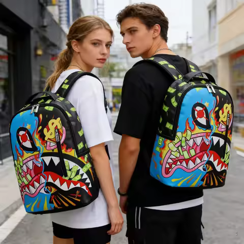 A Hip-Hop Street-Style Backpack with Spray-Painted Ground-Pattern Design, a Stylish Outdoor Commuter