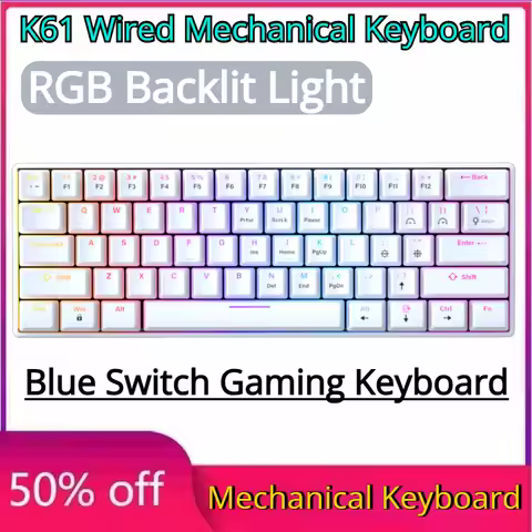 K61 Wired Mechanical Keyboard for Desktops and Laptops RGB Backlit Blue Switch Gaming Keyboard