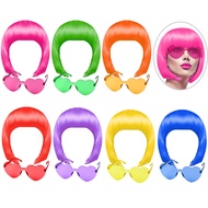 KUUQA 14Pieces Party Wig & Sunglass Set,Neon Short Bob Wig Sunglass Pack Costume Colorful Cosplay Wi