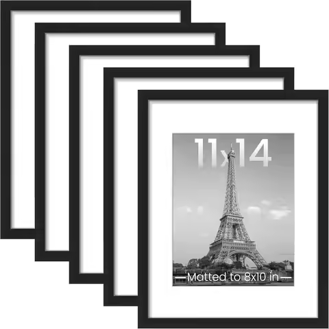 Set of 5 Black Picture Frames, Display 8x10 or 11x14 Photos, Wall Gallery Decor for Home and Office