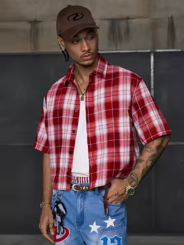 Men's Casual Cut Red Checkered Short Sleeved Shirt with Checkered Buttons, Suitable for Street Style