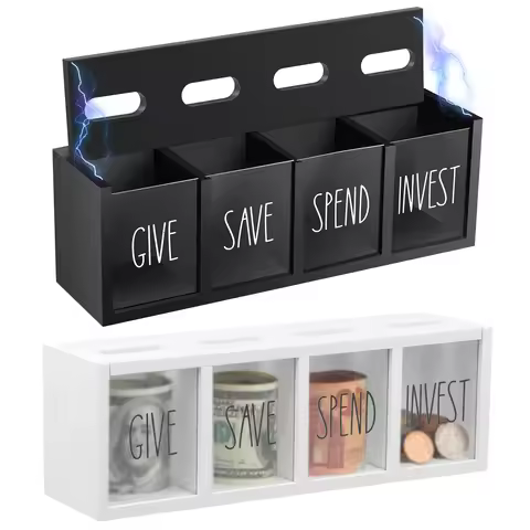 4 Grids Give Save Spend Invest Daily Cash Bill Money Box Kid Piggy Bank Wooden Wall Mount Visualized