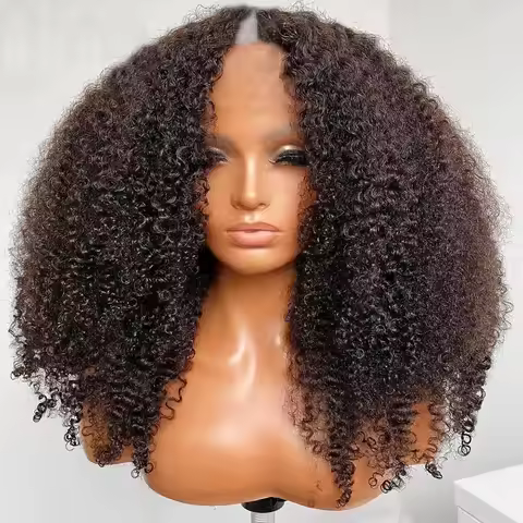 Black Brown Afro Kinky Curly 100% Human Hair V Part Wigs Middle Part 250density Peruvian Remy Afro 4