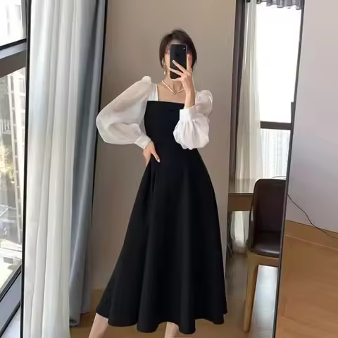Hebe Style Little Black Dress Women's Spring Autumn New Retro V-neck Long Over-knee Long Sleeve Dres