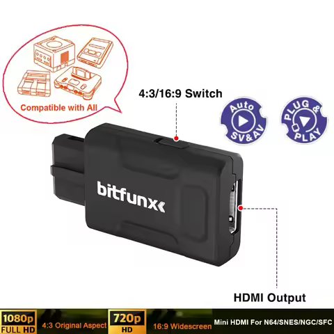 BitFunx 720P 1080P Mini HDMI Adapter For N64/SNES/SFC/NGC 4:3/16:9 Auto Switching S-Video Composite 