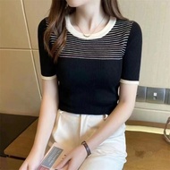 AJWShop [HT] Kaos Rajut Wanita Lengan Pendek Polos Salur Import | Baju Rajut Wanita Lengan Pendek Sa