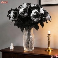 MAIAL Cemetery Roses, DIY Home Decor Artificial Black Roses Fake Flowers, Long Stem with Leaves Blac