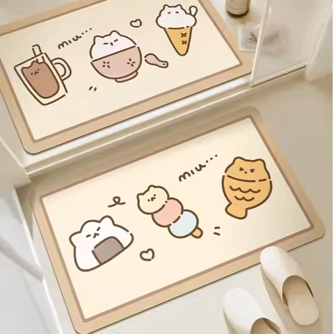 Kawaii Japanese Snack Door Mat - Cute Cat Rice Ball Dango Taiyaki Floor Rug, Soft Entry Mat, Non-Sli