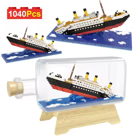 Creative Series 1040Pcs Classic Titanic Ship in Bottle Decoration Model Building Blocks Diamond Micr