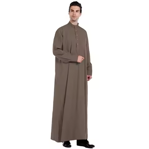 New Men's Muslim Robe Islamic Ramadan Juba Kaftan Dishdash Arabian Robe Solid Color Long Sleeve Coll