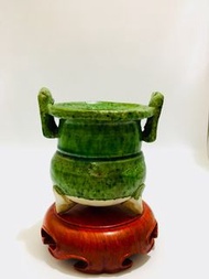 遼金時期-扒村窯-綠釉-衝天耳三足香爐/琴爐