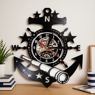 Vintage Nautical Steering Wheel Vinyl Record Wall Clock Yachting Sea Sailing Boat Anchor Telescope W