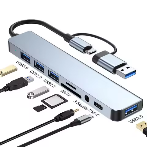 USB C Hub 8-in-2 Type C Docking Station USB3.0 3.5mm Audio SD/TF Card Reader Multiport Adapter for M