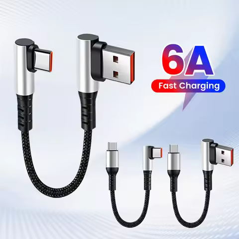 6A Short USB A Cable 90 Degree Elbow Type C to Type C Fast Charging Data Cord For iPhone 15 Xiaomi H