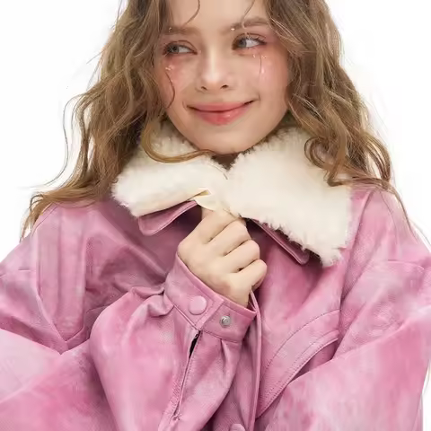 ELFSACK Y2K Bright Solid Ombre Effect Plush Lapel Faux Leather Jacket For Women