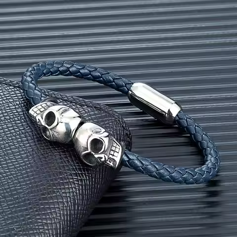 MKENDN Mens Black Braided Leather Skull Bangle Bracelet Stainless Steel Twins Skull Heads Gothic Pun