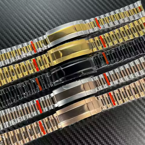 Stainless Steel President Watch Band 20mm Curved End for Seiko NH35 Datejust Silver Gold President B