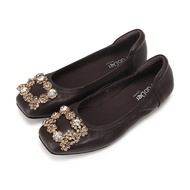 Pabder CS25511 Rhinestone Square Toe Flats Brown