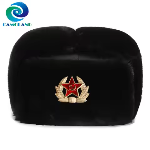CAMOLAND High Quality Warm Faux Fur Bomber Hats Women Men Soviet Badge Russia Ushanka Pilot Hat Wind