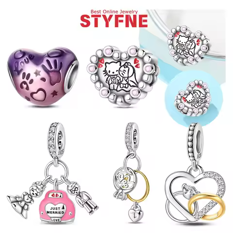 925 Silver Heart Shaped Charms Romantic Cat Newlyweds Beads Diamond Ring Pendant Fit Original Bracel