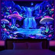 Dermijer Blacklight Tapestry Fantasy Mushroom Forest Tapestry UV Reactive Waterfall Tapestries Moon 
