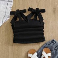 Young  Girl Elegant Solid Fitted Sweet Bow-Knot Tie Shoulder Side Ruched Cami Tank Top,Mom And Daugh