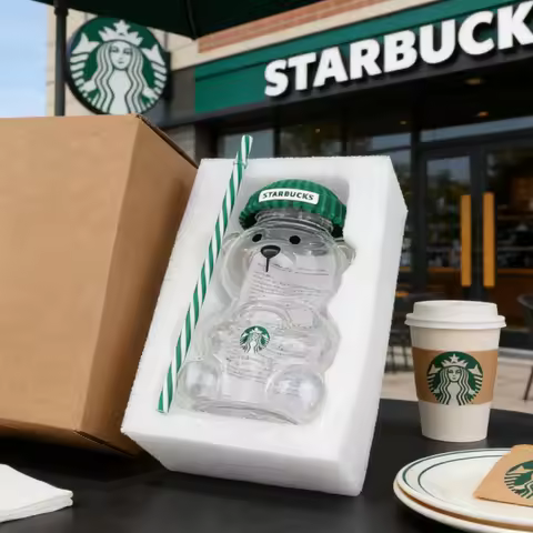 Starbucks Bearista Bear Clear Glass Tumbler 591ml 20oz Green Lid With Straw Cold Water Iced Coffee H