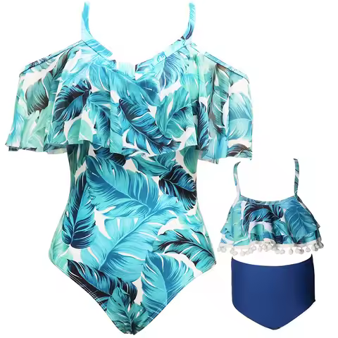 2025 Family Matching Swimsuits Mom and Me One-piece Swimwear Long Sleeve Family Look Holiday Mother 