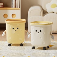 Cream Style Trash Bin Large Capacity with Press Ring Tong Sampah Rumah Comel Wheeled