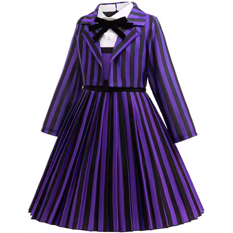 Enid Dress Up Costume Girls Purple Striped School Uniform Jacket Dress For Kids Halloween Wednesday 