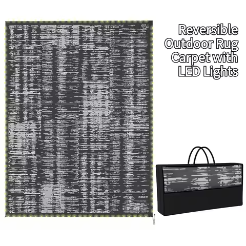 Reversible Outdoor Rug Carpet with LED Lights, Carry Bag & Ground Stakes for Backyard, Deck, Picnic,