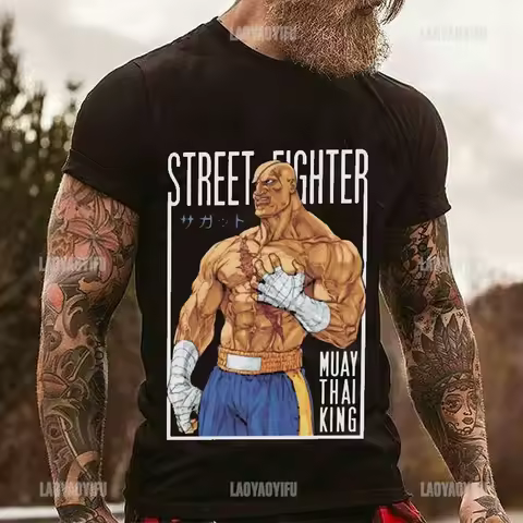 Anime New Street-Fighter Sagat Muay Thai Gaming Hadouken Tshirt for Men Tees Short Sleeve Crewneck S