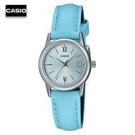 Velashop นาฬิกาข้อมือผู้หญิงคาสิโอ Casio Standard สายหนัง สีฟ้า รุ่น LTP-V002L-2B3UDF LTP-V002L-2B3 LTP-V002L