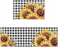 Sunflower Kitchen Mats for Floor 2 Piece, Buffalo Plaid Kitchen Rugs Set Low-Profile Standing Mats R
