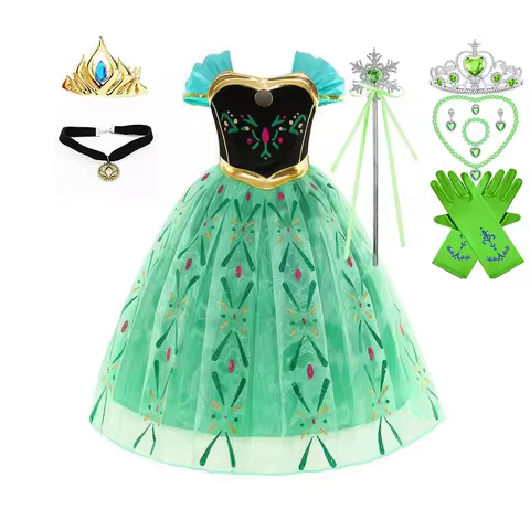 2024 Halloween Frozen Anna Costume Play Princess Dress for Baby Girl Green Floral Frock Birthday Par