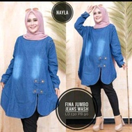 FINA BLOUSE JUMBO - Blouse Jumbo Denim Aksen Kancing - Long Tunik Jeans Jumbo - Atasan Wanita Jumbo