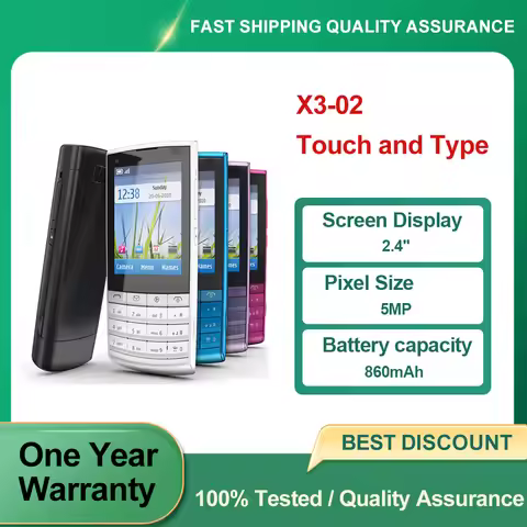 Refurbished Unlocked X3-02 Touch and Type Original Bluetooth 5MP 2.4" inches Phone 2G Good Condition