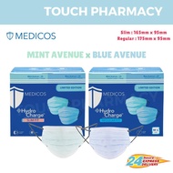(NEW ) MEDICOS 165 Slim/175 Regular Fit HydroCharge 4ply Surgical Face Mask - AVENUE DUO 50's/BOX (Mint x Blue Avenue)