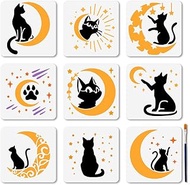 MAYJOYDIY 9-Piece Stencil Set Cat on the Moon 15 x 15 cm Painting Stencils for the Starry Sky Reusab