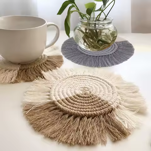 Boho Cup Coaster Handwoven Cotton Rope Cup Pad Nordic Style Heat Insulated Coaster With Tassels For 