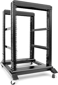 15U Server Rack/4-Post 19in Network Rack/Open Frame Rack with Wheels, Heavy-Duty Frame Cabinet/Adjus