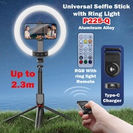 Best Tripod 2.3 Meter Bluetooth Remote Universal Selfie Stick with Ring Light P225-Q