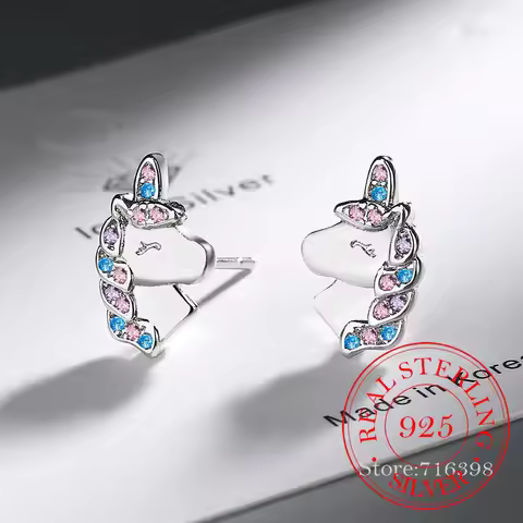 925 Sterling Silver Cute Unicorn Rainbow Stud Earrings For Women Girls Studants Friends Party Jewelr