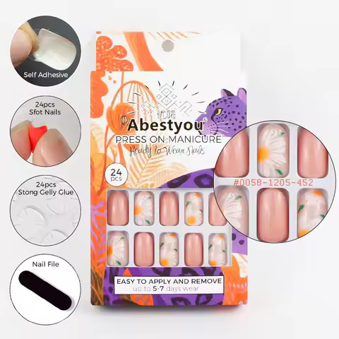 Abestyou 24pcs Samall Short Natural press on Nails Charms Deco Flower Cute Glitter Bloom Flame Mediu