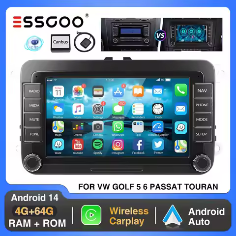 ESSGOO 7" Android 14 Wireless CarPlay Car Stereo Radio for VW Golf 5 6 Passat B6 B7 Polo Touran Tigu