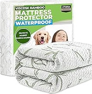 Waterproof Bamboo Mattress Protector - Hypoallergenic fitted Mattress Cover - Breathable Cool Flow T