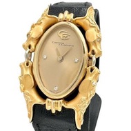 二手 Carrera y Carrera 112 Caballos 女士腕錶，鑲嵌 3 顆鑽石，18K 黃金錶殼/皮革錶帶，石英機芯，金色錶盤/黑色皮革錶帶