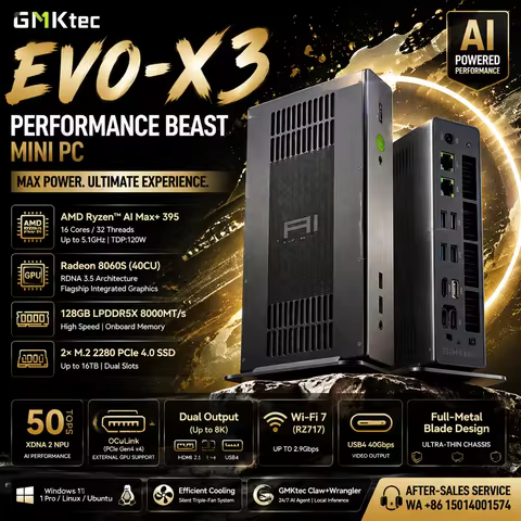 GMKtec EVO-X3 AI Mini PC AMD Ryzen AI Max+ 395 Radeon 8060S GPU LPDDR5X RAM Windows 11 Pro WiFi 7 BT