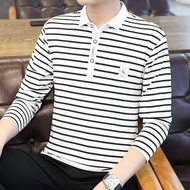 Striped Polo Shirt for Men Autumn Long-sleeved T-shirt Korean Lapel Polo Shirt Casual Men Tops